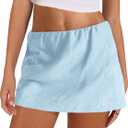 Gozoloma Womens Cotton Linen Skorts Casual Cute A-Line Mini Skirts with Ruffle Inner Waistband(Blue-M)