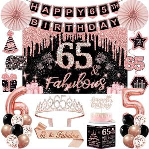 65th Birthday Decorations for Women,32PCS 65th Birthday Party Decorations,Including Backdrop, Crown, Sash, banner, Hanging Swirl,Cake Topper,balloons,Paper Fans,Anniversary Card and paper fans