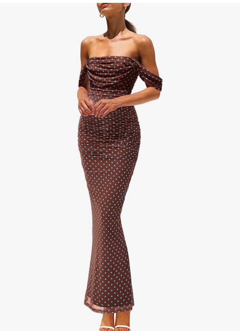 PRETTYGARDEN Cocktail Dresses for Women 2026 Summer Floral Off Shoulder Ruched Mesh Elegant Wedding Guest Maxi Dress XL