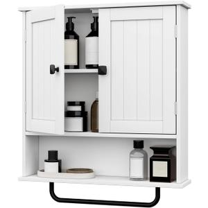 RRX Bathroom Cabinet Wall Mounted Medicine Cabinets with Towels Bar, Over The Toilet Storage Cabinet with 2 Doors and Adjustable Shelf, White Wall Cabinet for Bathroom Laundry Kitchen, 22 inches x 25.8 inches x 5.2 inches