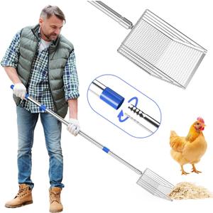 Chicken Poop Scooper, 304 Stainless Steel Shovel Head, 4-in-1 Chicken Litter Scoop with Handle for Chicken Coop & Pet Waste Cleaning, Multifunctional Litter Sifting Shovel(20 to 49")
