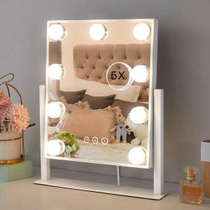 HIEEY Hollywood Vanity Mirror with Lights, Makeup 9 Dimmable Bulbs Three Color Lighting Modes, and 5X Magnification Mirror, Smart Touch Control, 360Rotation (White) (14.1"L x 11.4"W)