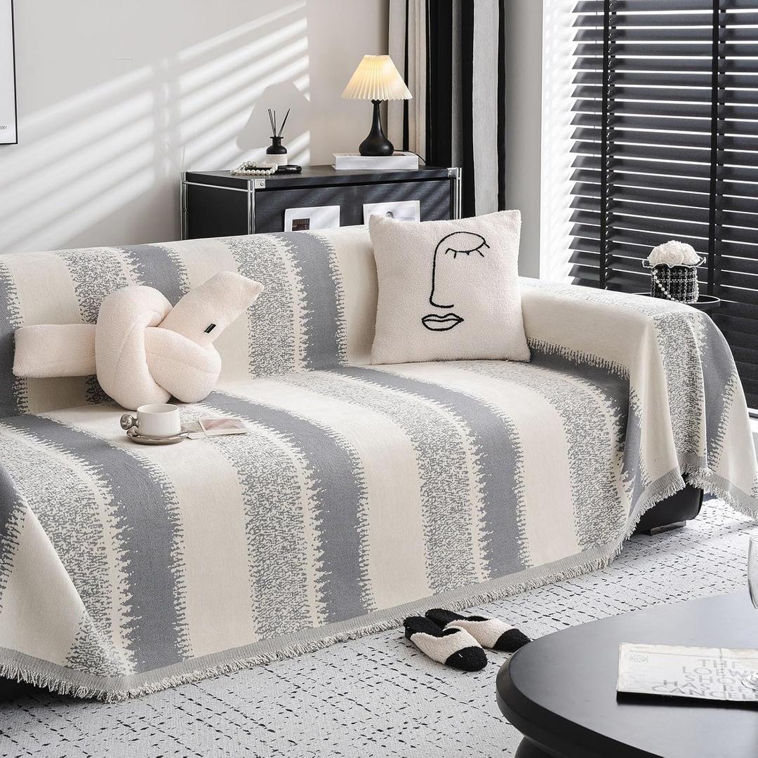 DREAMINGO Grey Couch Cover Pet Furniture Protector Sofa Slipcover for Dogs Washable Chenille Throw Couch Cover Stripe Jacquard Cream Beige Loveseat Covers for Sectional L Shape Couch, 71"x118"