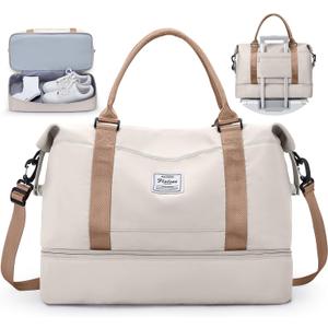 Travel Duffel Bag with Shoes Compartment, Overnight Weekender Bags for Women, Carry on Personal Item Bag (Large, A-Beige & Brown)