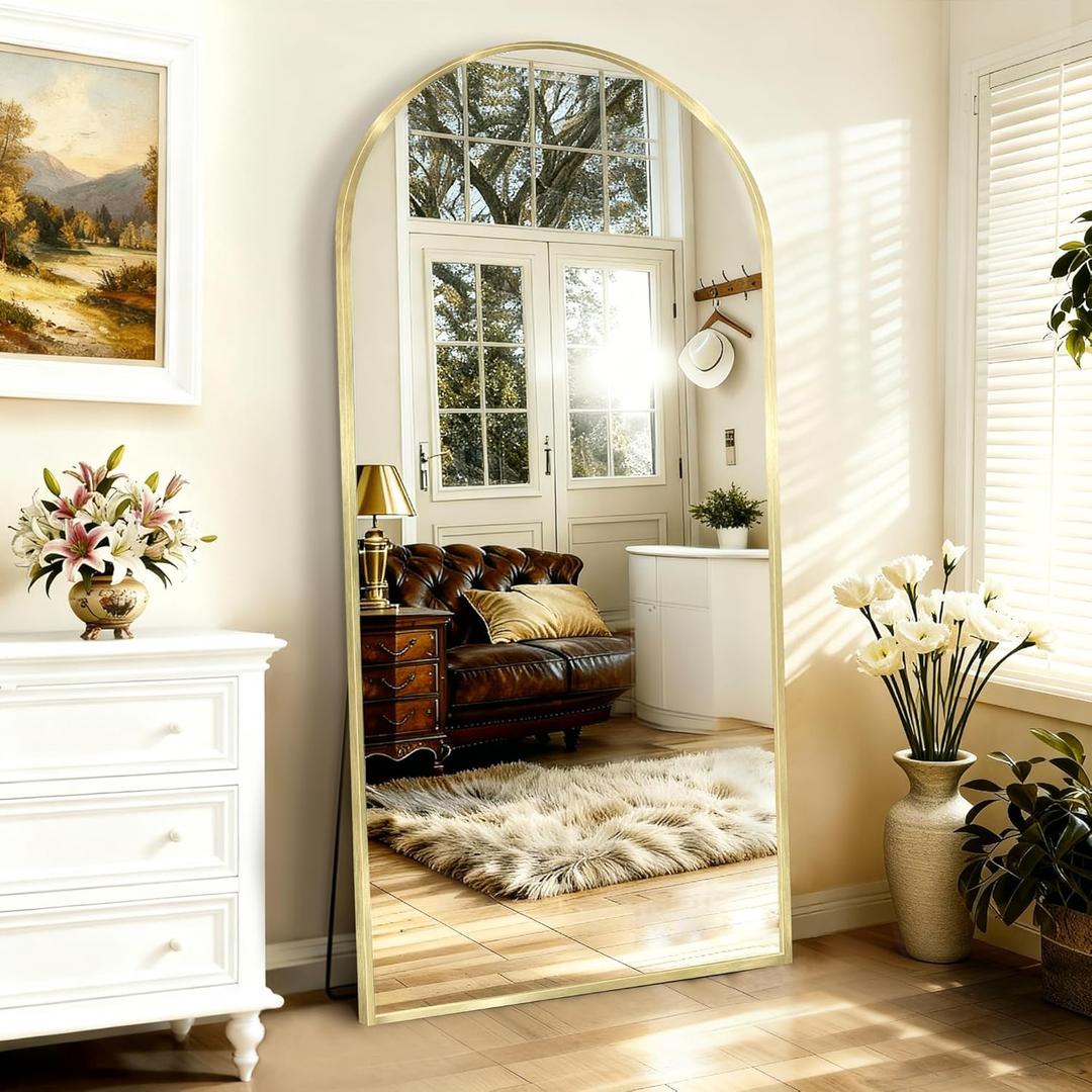 71x32" Large Arched Full Length Mirror, Gold Floor Standing Mirrors for Bedroom, Full Body Dressing Mirror with Stand, Tempered Glass Safety Wall Mirror for Living Room, Bathroom, Entryway Decor