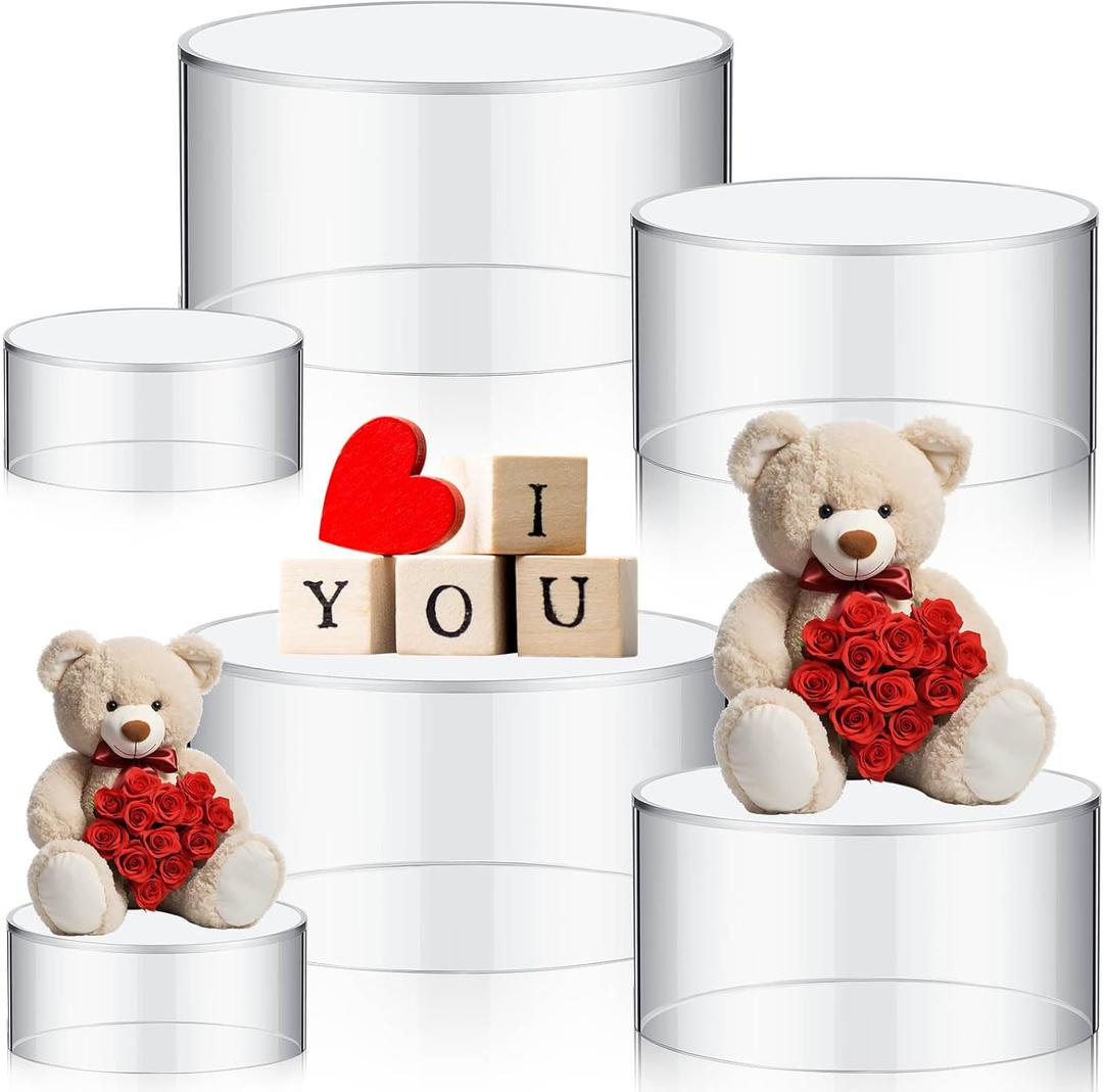 Jerify 2 Pcs Acrylic Risers Display Stands, 5.91'' 5.12'' 3.54'', Clear Round Nesting Pedestal Shelf with Hollow Bottom for Tabletop Jewelry Display,