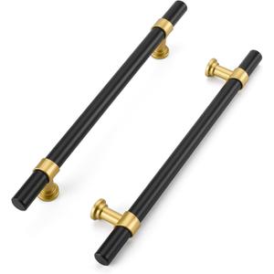 Haliwu 10 Pack 6-1/4 inch Hole Center Black Cabinet Pulls Black&Gold Cabinet Handles, Barrel Gold Dresser Drawer Pulls for Kitchen Hardware