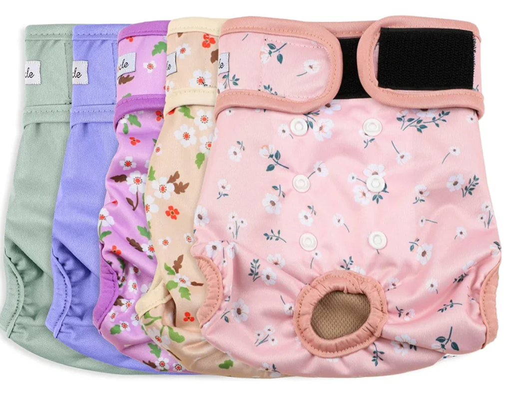 Female Dog Diapers 5Pcs - Premium Reusable Diapers for Doggie in Heat - Highly Absorbent Dog Diapers Female for Pet Incontinence with Adjustable Snaps, Flowers S