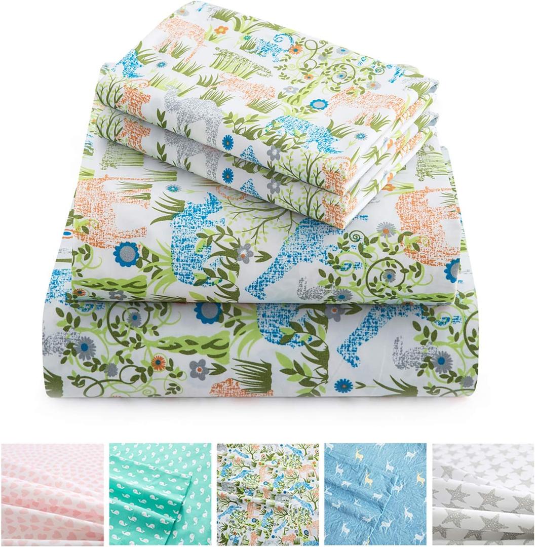 Vonty Kids Bed Sheets Twin Lovely Jungle Elephant Giraffe Sheets for Boys & Girls, Soft Microfiber Easy Wash Bedding Set (1 Fitted Sheet + 1 Flat Sheet + 1 Pillowcase)