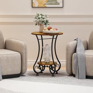 Side Table, Small Round End Table with Lower Shelf for Small Spaces, Portable Couch Sofa Coffee Table, Bedside Nightstand Table with Metal Frame, Retro Accent Drink Table for Living Room Bedroom Balcony (17.72" L x 17.72" W x 24.22" H, Brown)