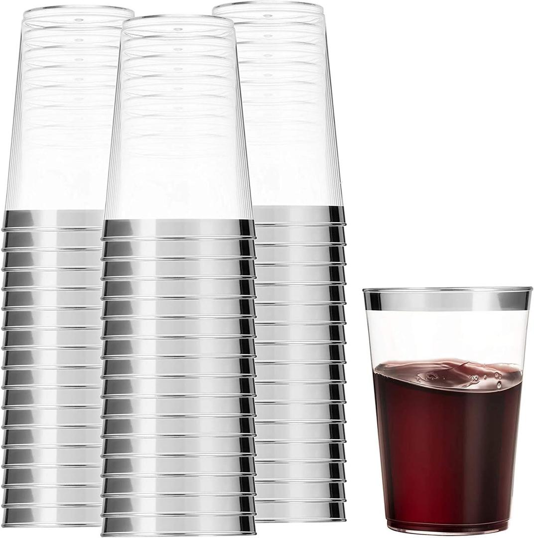 100 Silver Plastic Cups 12 Oz Clear Plastic Cups Tumblers Silver Rimmed Cups Fancy Disposable Wedding Cups Elegant Party Cups with Silver Rim