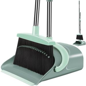 Broom and Dustpan Set for Home, Dust pan with Long Handle, Broom with Dustpan Combo Set, for Home Kitchen Room Office Lobby Floor Use Upright Stand Up Sweeping (Gray&Green)