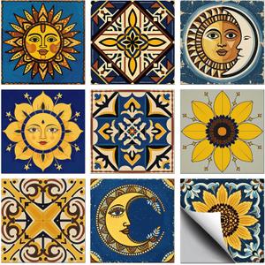 CHGCRAFT 36 Pcs 9 Styles Sun and Moon Patten Tile Sticker Stars Shapes Wall Tile Stickers Waterproof Self Adhesive Stick on Decals for Kitchen Bathroom Wall Art 44 Inch