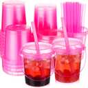 30 Set 24 oz Hot Pink Color Drink Buckets with Lids and Straws Disposable Clear Rum Plastic Drinking Cocktail Bucket with Handles for Beverage Coffee Lemonade Pool Picnic Party Supplies