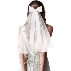 Geyoga Short Wedding Hair Bow Veil Women White Bridal Short Veil Bow with Clip Bachelorette Party Decoration Bridesmaid Gift