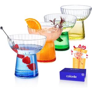 ColoVie Stemless Margarita Glasses Set of 4-13oz Ribbed Colored Glassware - Premium Hand-Blown Lead-Free Crystal - Aesthetic Rippled Cocktail Cups for Party, Cinco de Mayo, Home Bar - Gift Box