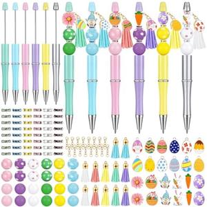 Jetec 12 Sets Easter Beadable Pens Cute Bunny and Egg Plastic Easter Ballpoint Bead Pens with Crystal Spacer Assorted Wooden Beads Supplies for Students Teachers Office DIY Making