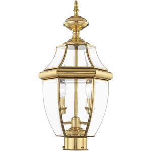 Livex Lighting 2254-02 Monterey 2 Light Outdoor Polished Brass Finish Solid Brass Post Head with Clear Beveled Glass
