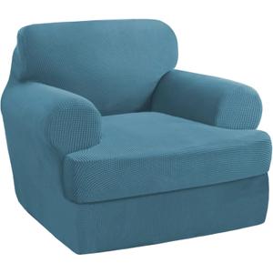 PrinceDeco 2 Pieces T Cushion Sofa Slipcovers Stretch Couch Covers for T Cushion Chair Slipcover Soft Arm Chiar Cover with 1 Individual T Shape Seat Covers Width Up to 40"- Storm Blue