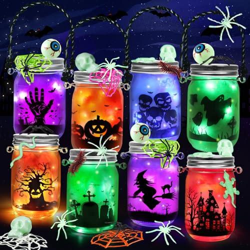 Letapapa Halloween Crafts for Kids, 8 PCS Mason Jar with Accessories for DIY Craft & Art Party Favor Supplies, Halloween Decoration Trick or Treating, Classroom Art Activities