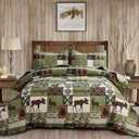 Rustic Lodge Quilt Set Moose Elk Bedspread King Size Forest Bear Deer Quilt Matcha Green Reversible Festive Cabin Coverlets Farmhouse Decor Bed Cover Sets with 2 Pillow Shams