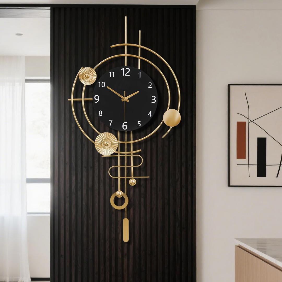 Wall Clock,Silent Quartz Movement Battery Operated with Pendulum,Oversized Metal Modern Large Wall Clocks for Living Room Bedroom Farmhouse Office Kitchen Home Wall Decor-15.3x31.1Inch(Golden Black)