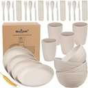 Wheat Straw Dinnerware Sets for 4, Wheat Straw Plates and Bowls Sets Kitchen Dishes 28pcs College Dorm Room Essentials Cutlery Set Microwave Safe (Beige)