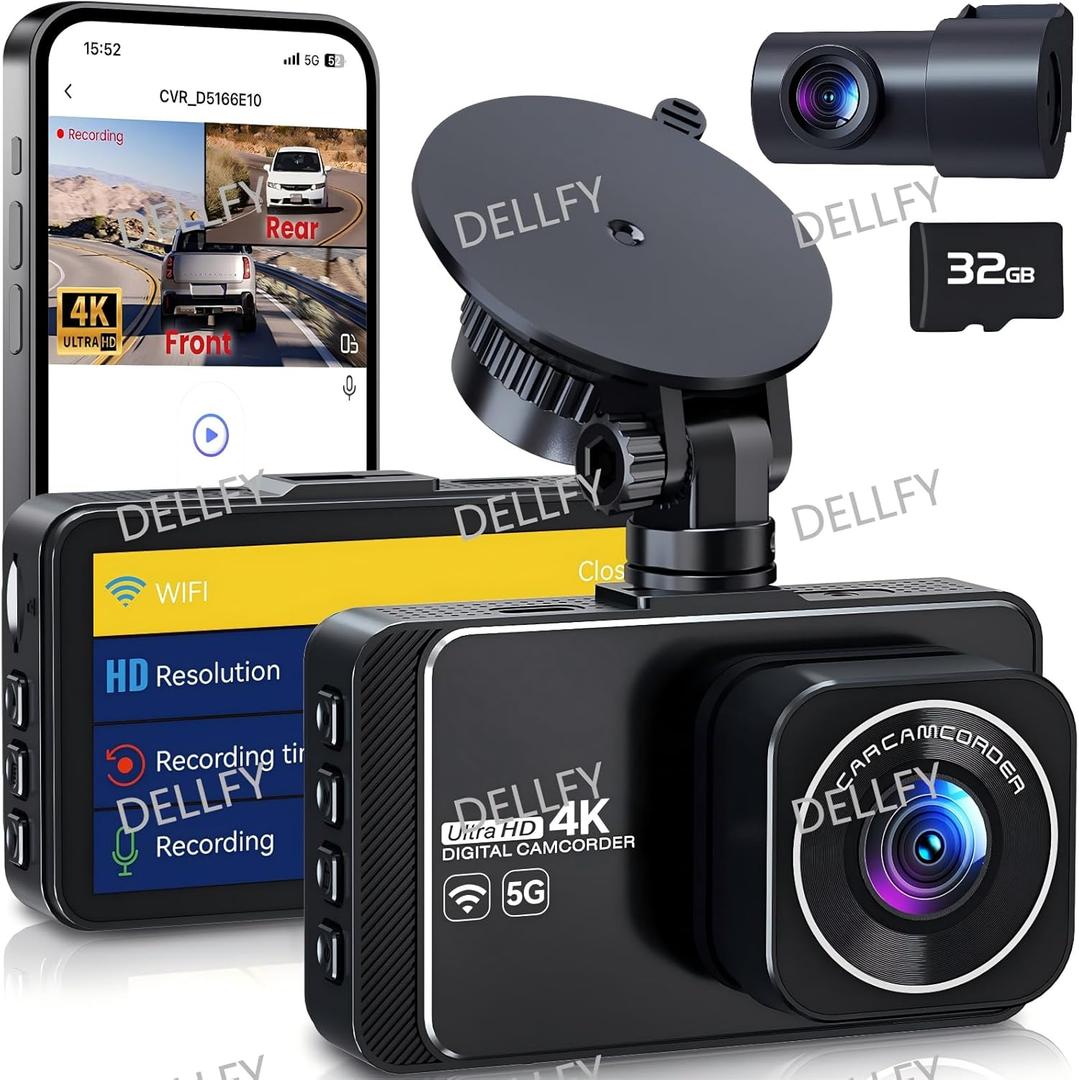 Dash Cam, 4K Ultra HD Front Camera+2K Rear Cameras, 5G WiFi - Fastest Download speeds app, Support iOS Android,WDR Night Vision, Car Camera with 3" IPS Screen 32GB Card,24H Parking Mode