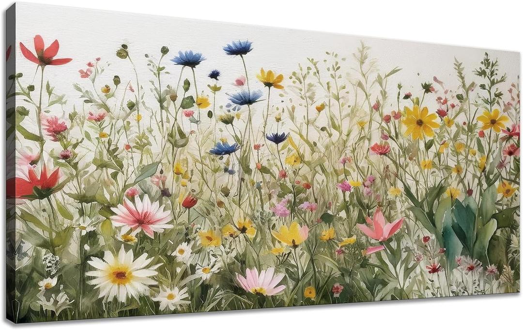 KZKU Watercolor Floral Botanical Prints Wildflower Pictures Wall Decor Colorful Plant Paintings Canvas Prints 24" x 48" Wall Art for Living Room Bedroom Office Home Decor Ready to hang
