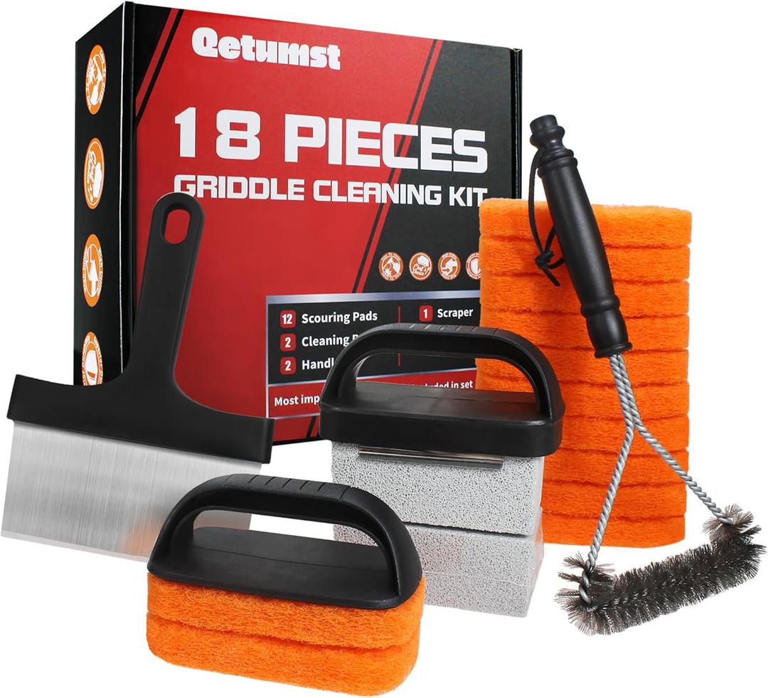 Griddle Cleaning Kit for Blackstone, 18 Pieces Flat Top Grill Cleaning Kit with Durable Scraper, Grill Brush, Cleaning Brick and Scouring Pads, Griddle Accessories Set for Easy Restoration