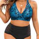 Yonique Womens Plus Size Bikini High Waisted Swimsuits Two Piece Bathing Suits Tummy Control Swimwear (Blue Paisley, 16Plus)