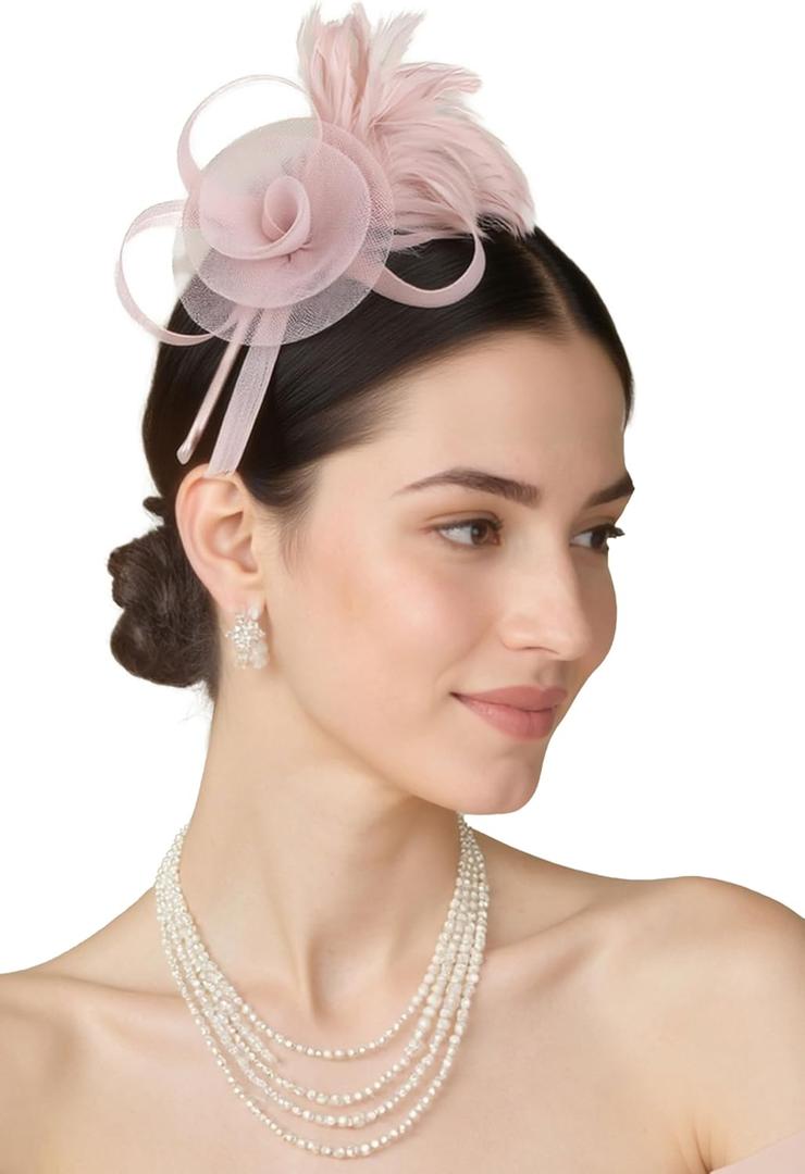 BABEYOND Fascinators Hats for Women - Tea Party Hats Kentucky Elegant Tulle Mesh Feather Bridal Wedding Headband Hair Clip (Pink)
