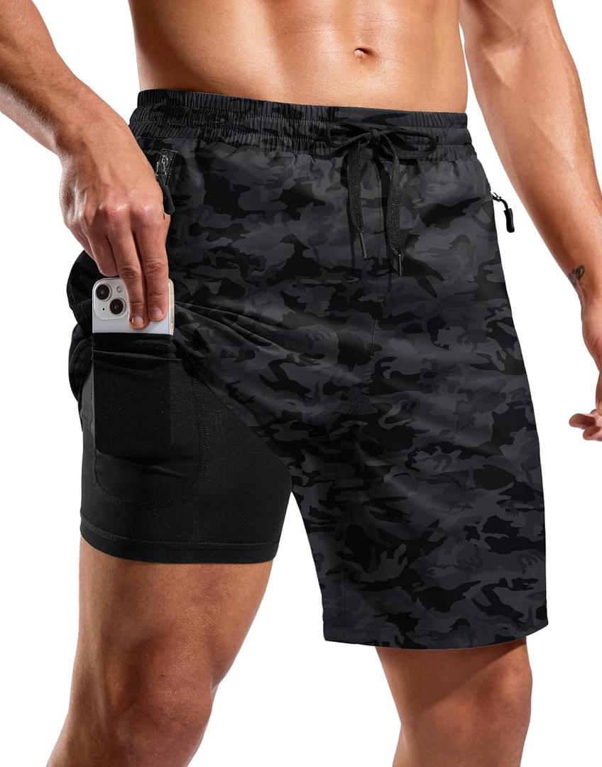G Gradual Mens Swim Trunks with Compression Liner 7"/9'' Quick Dry Board Shorts Swimsuit Bathing Suit for Men Zipper Pockets, 2XL