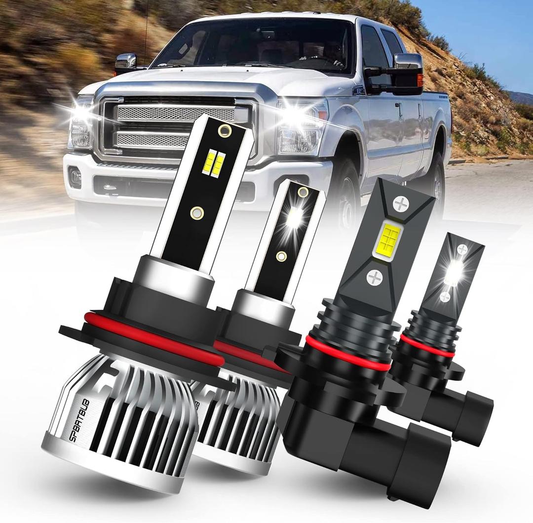 LED Bulbs combo, compatible with (2001-2004) FORD F-250 / F-350 / F-450 / F-550 LED Bulbs combo, 9007/HB5 High/Low Beam Bulbs +9145 LED Fog Light Bulbs, Pack of 4