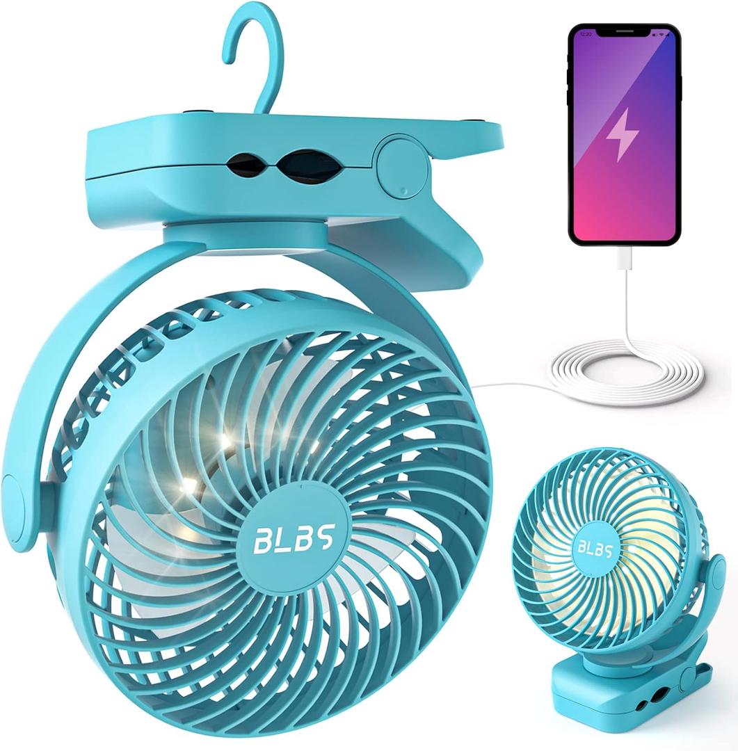 Clip on Fan 65Hrs Camping Fan with LED Light, 12000mAh Battery Operated Fans & PortableFan Rechargeable, Small Desk Fans USB TravelFan for Tent Camping Golf Stroller, Blue