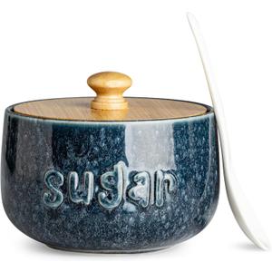 LYEOBOH Sugar Bowl with Lid and Spoon,17 OZ Large Sugar Jar for Countertop, Ceramic Sugar Dish for Coffee Bar, Azucarera for Farmhouse Home and Kitchen - Housewarming Gift, Starry Navy