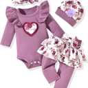 fioukiay Newborn Baby Girl Clothes Infant Girls Floral Love Printed Romper and Ruffle Pants Sets 4pcs Winter Fall Outfits, size 3-6M