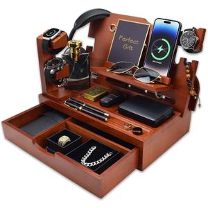 Nightstand Organizer for Men with Large Drawer, Wood Phone Docking Station for Phone, Apple Watch, Wallet & Keys, Ideal Birthday Gift for Father Husband, Bedside Desk Organizer (Walnut)