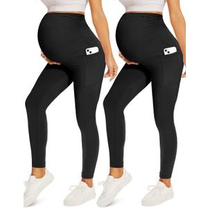 Fotociti 2/3/4 Pack Maternity Leggings With Pockets Over The Belly,Womens Pregnancy Workout Yoga Active Soft Tights Pants (Black)