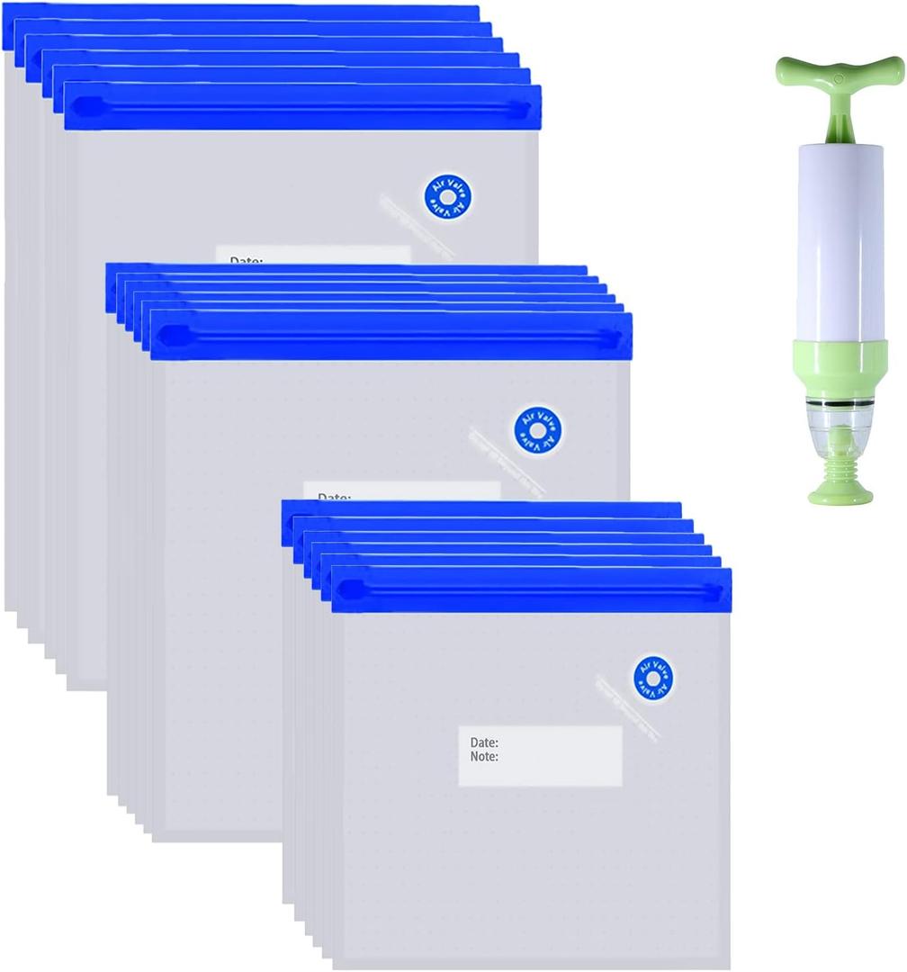 Sous Vide Bags 22 Pack Reusable Vacuum Food Storage Bags Kit, with 3 Sizes Vacuum Food Bags,1 Hand Pump, 4 Sealing Clips for Food Storage and Sous Vide Cooking