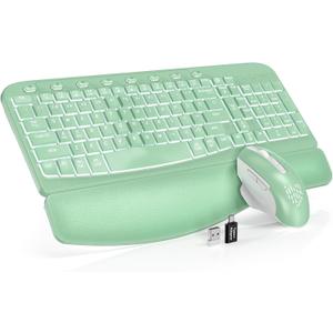 SABLUTE Ergonomic Wireless Keyboard and Mouse Combo - Wave Keyboard with Soft Leather Wrist Rest, Resistant Keys, RGB Backlit Rechargeable Set for PC/Mac/Chromebook (Green)