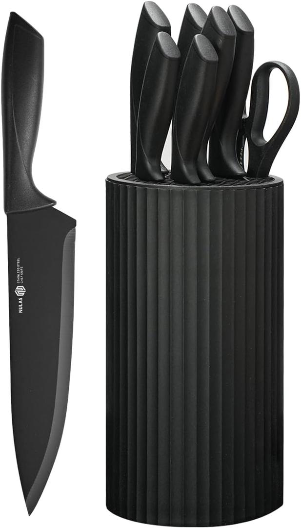 Knife Set, 8-Piece Kitchen Knife Set with Universal Block - Anti-Rust Chef Knives, Ergonomic Design, Dishwasher Safe (Black)