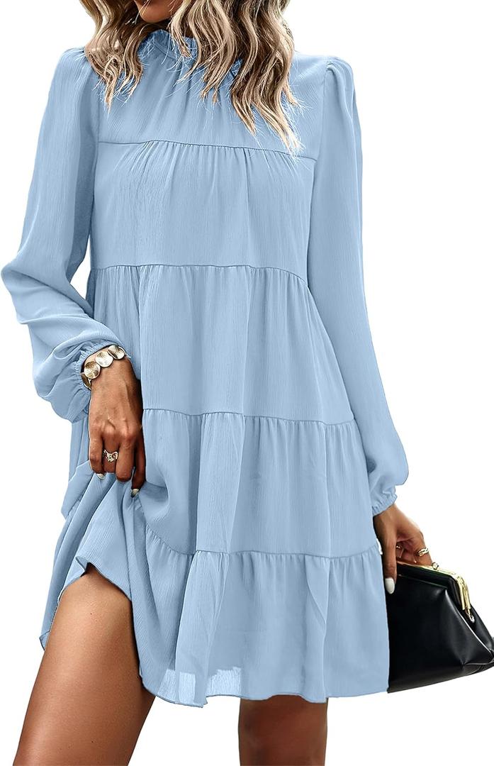 KIRUNDO Long Sleeve Baby Doll Dresses Women 2025 Casual Fall Winter Ruffle Mock Neck Tiered Mini Flowy Swing Shift Dress (Medium, Light Blue)
