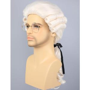 morvally Mens Colonial Judge Wig and Glasses 18th Century Costume White Powered Hair Wig for Men Halloween Costume Cosplay (Beige)