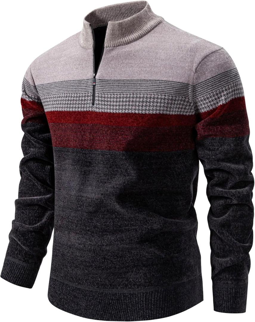 TebYIA Mens Quarter Zip Pullover Mock Neck Slim Fit Striped Knit Sweaters Casual Fall Winter Lightweight Polo Sweater (Medium, Navy Blue)