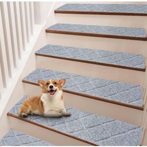 Stair Treads for Wooden Steps, 8" x 30" Non Slip Stair Runner, Peel and Stick Carpet Stair Treads with Reusable Adhesive, Indoor Stair Rugs Covers Mats Pads for Kids Elders Dogs, Light Grey 15Pcs