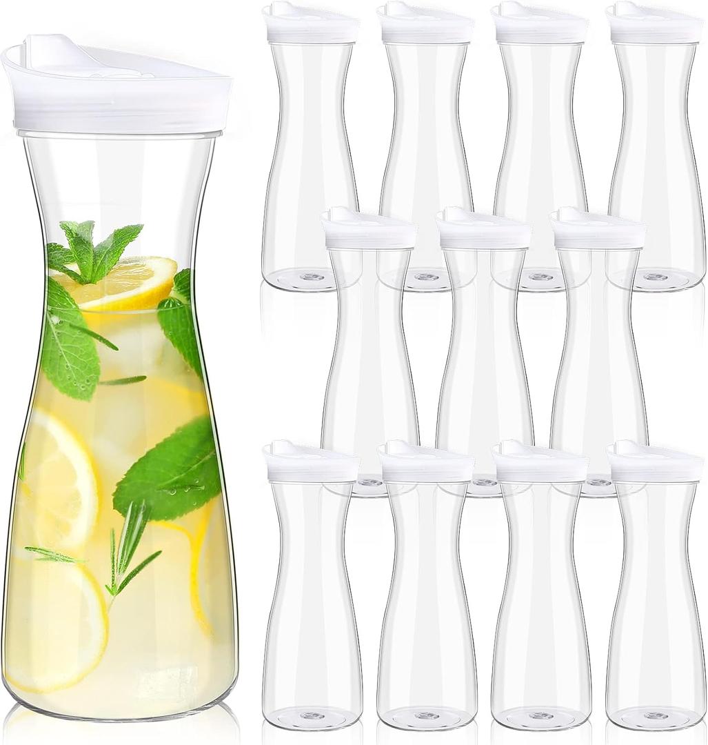 12 Pieces Water Carafes with Lid 20 oz Plastic Juice Container Pitcher Clear Narrow Neck Drink Carafes Mimosa Bar Beverage Pitcher for Outdoors Beach Picnic Parties Tea Milk Lemonade Wine