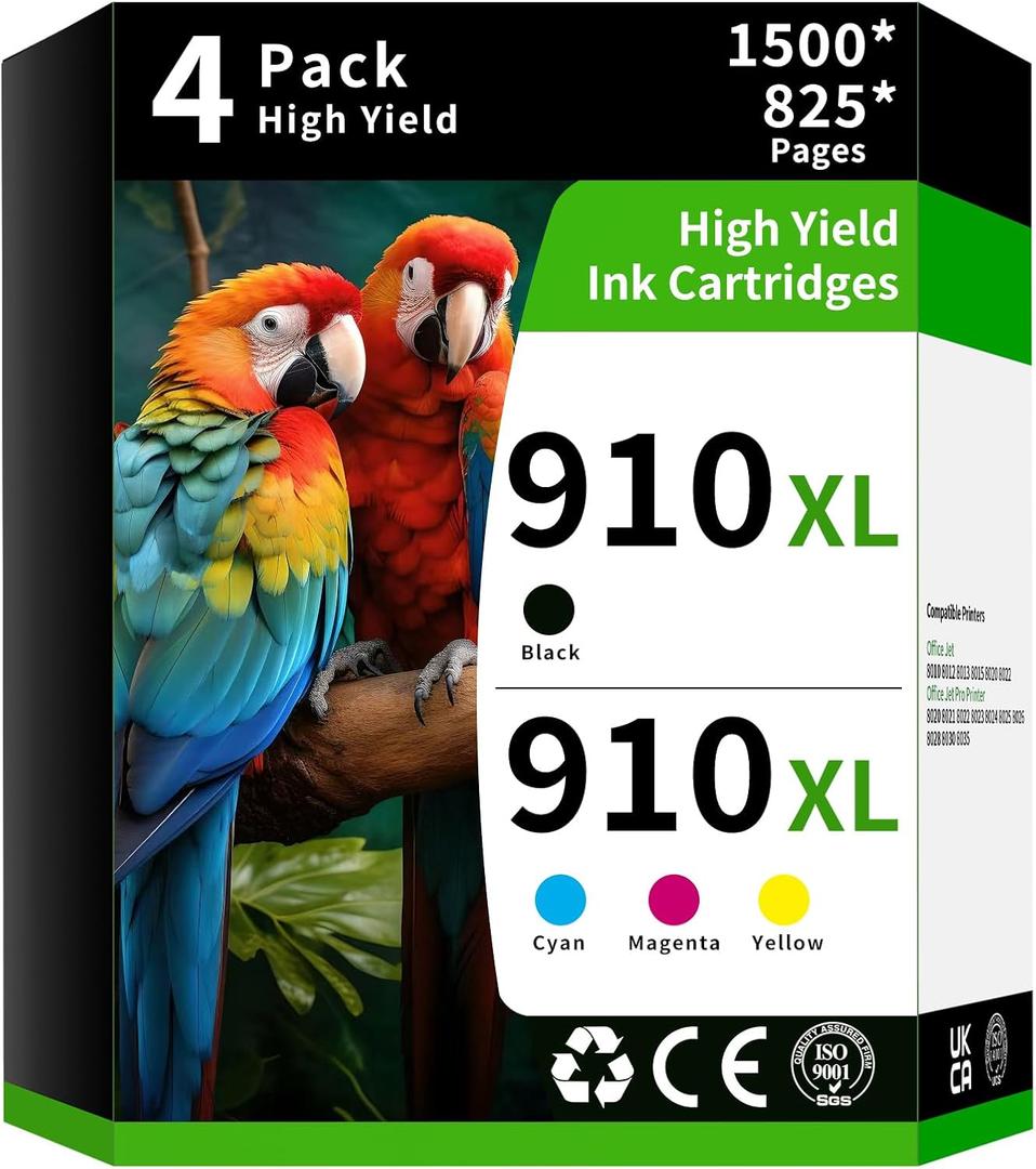 Caelum 910XL Pack (4-Pack, BK, CMY) Replacement for HP 910XL Ink Cartridge Combo Pack 910xl Ink Cartridge for hp Printers Office Jet Pro 8020 8010 8015 Printer