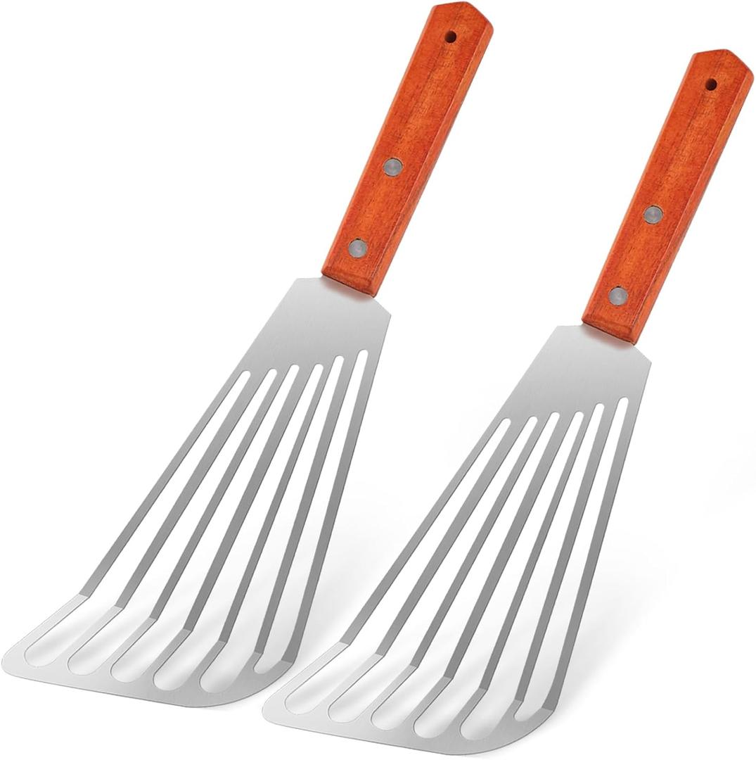 2 PCS Fish Spatula Set, 10.8 inch Upgraded Wood Handle Fish Spatula Stainless Steel, Polished Metal Slotted Turner for Flipping Fish, Omelets, Crepes, Steaks, Burgers, and Pancakes