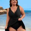 Charmo Women Plus Size Swimdress One Piece Swimsuit Ruched Tummy Control Bathing Suit Scalloped V Neck Flowy Swimwear (Black, XXL)
